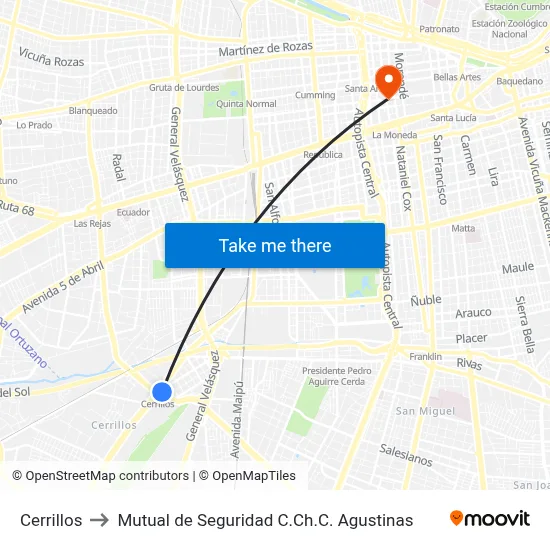 Cerrillos to Mutual de Seguridad C.Ch.C. Agustinas map