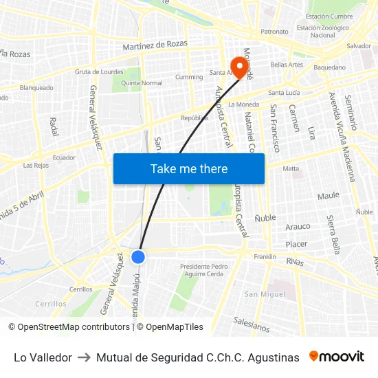 Lo Valledor to Mutual de Seguridad C.Ch.C. Agustinas map