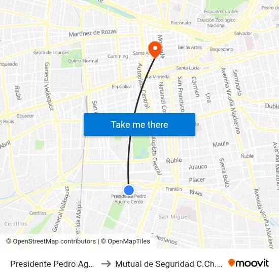 Presidente Pedro Aguirre Cerda to Mutual de Seguridad C.Ch.C. Agustinas map