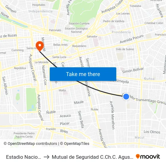 Estadio Nacional to Mutual de Seguridad C.Ch.C. Agustinas map
