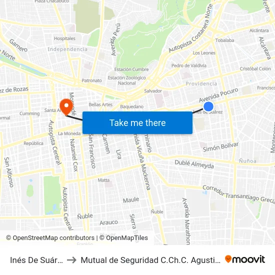 Inés De Suárez to Mutual de Seguridad C.Ch.C. Agustinas map