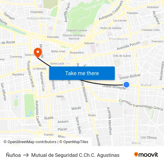 Ñuñoa to Mutual de Seguridad C.Ch.C. Agustinas map