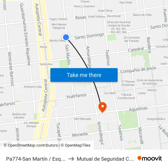 Pa774-San Martín / Esq. Santo Domingo to Mutual de Seguridad C.Ch.C. Agustinas map