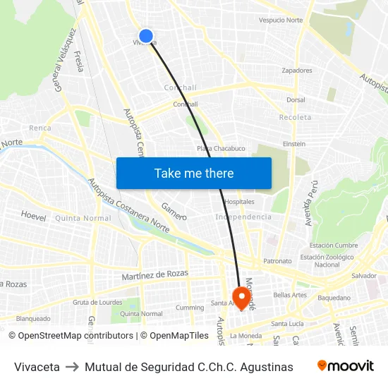 Vivaceta to Mutual de Seguridad C.Ch.C. Agustinas map