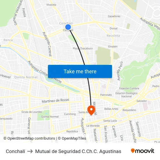 Conchalí to Mutual de Seguridad C.Ch.C. Agustinas map