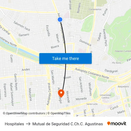 Hospitales to Mutual de Seguridad C.Ch.C. Agustinas map