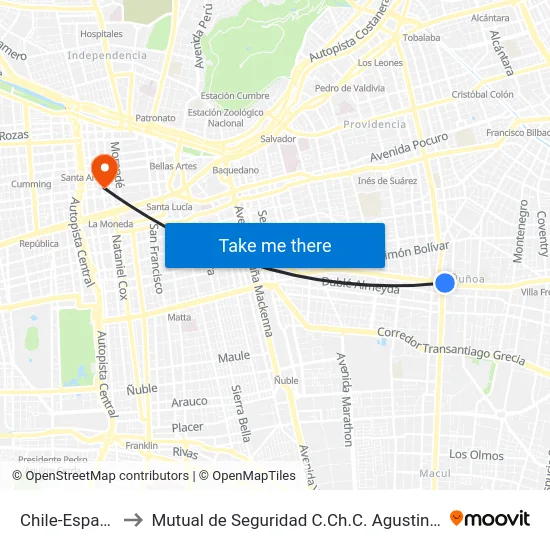 Chile-España to Mutual de Seguridad C.Ch.C. Agustinas map