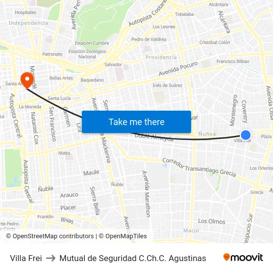 Villa Frei to Mutual de Seguridad C.Ch.C. Agustinas map