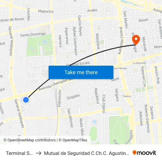 Terminal Sur to Mutual de Seguridad C.Ch.C. Agustinas map
