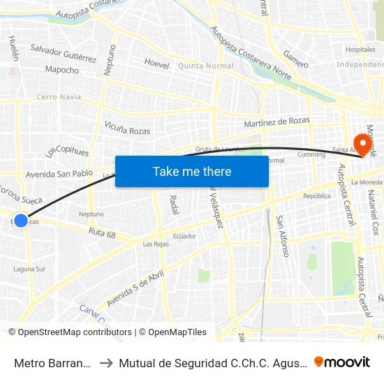 Metro Barrancas to Mutual de Seguridad C.Ch.C. Agustinas map
