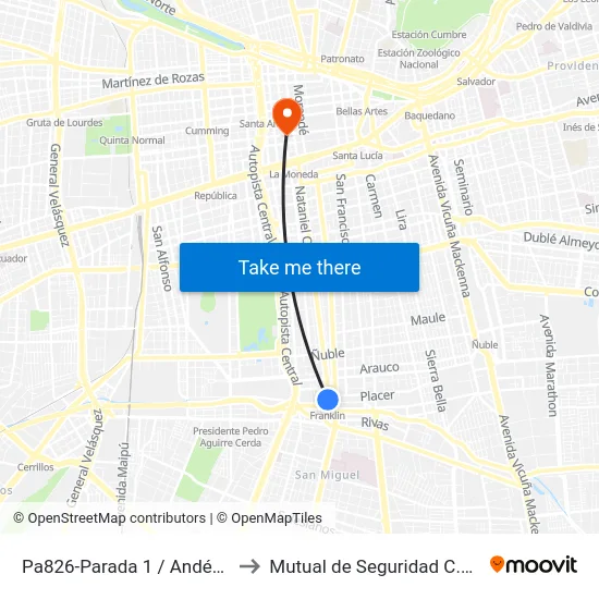 Pa826-Parada 1 / Andén (Eim) Franklin to Mutual de Seguridad C.Ch.C. Agustinas map