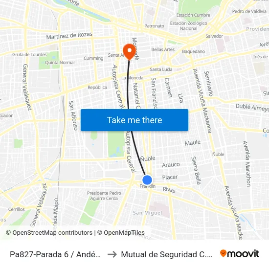 Pa827-Parada 6 / Andén (Eim) Franklin to Mutual de Seguridad C.Ch.C. Agustinas map