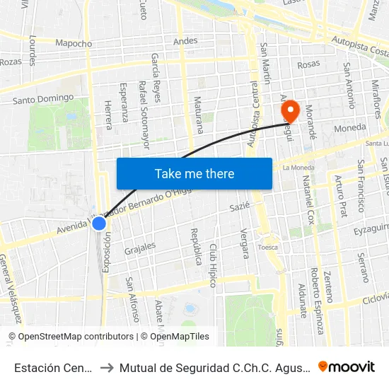 Estación Central to Mutual de Seguridad C.Ch.C. Agustinas map