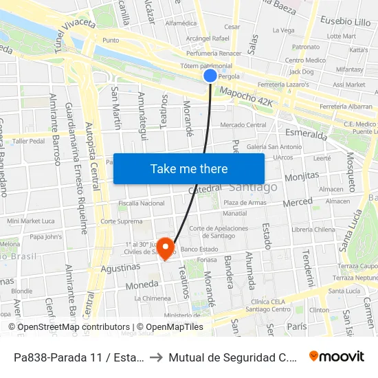 Pa838-Parada 11 / Estación Mapocho to Mutual de Seguridad C.Ch.C. Agustinas map