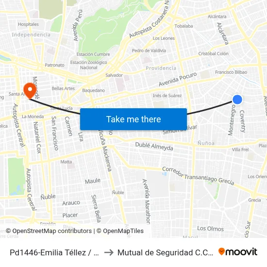 Pd1446-Emilia Téllez / Esq. Coventry to Mutual de Seguridad C.Ch.C. Agustinas map