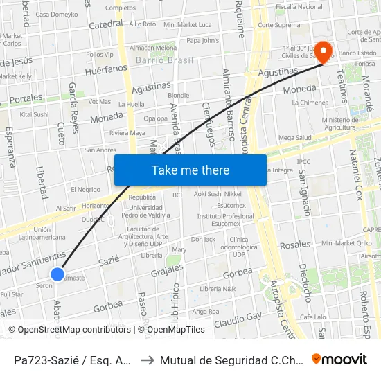 Pa723-Sazié / Esq. Abate Molina to Mutual de Seguridad C.Ch.C. Agustinas map
