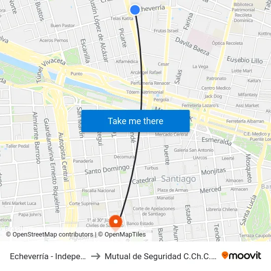 Echeverría - Independencia to Mutual de Seguridad C.Ch.C. Agustinas map