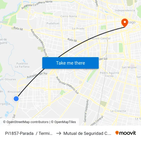 Pi1857-Parada  / Terminal   Las Acacias to Mutual de Seguridad C.Ch.C. Agustinas map