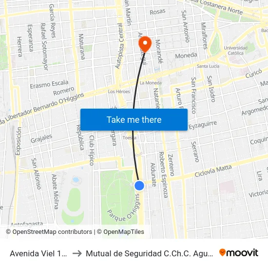 Avenida Viel 1124 to Mutual de Seguridad C.Ch.C. Agustinas map