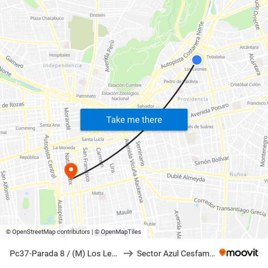 Pc37-Parada 8 / (M) Los Leones to Sector Azul Cesfam N1 map