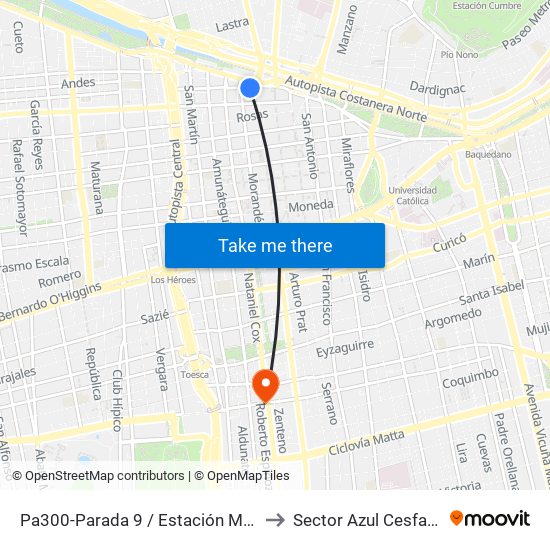 Pa300-Parada 9 / Estación Mapocho to Sector Azul Cesfam N1 map