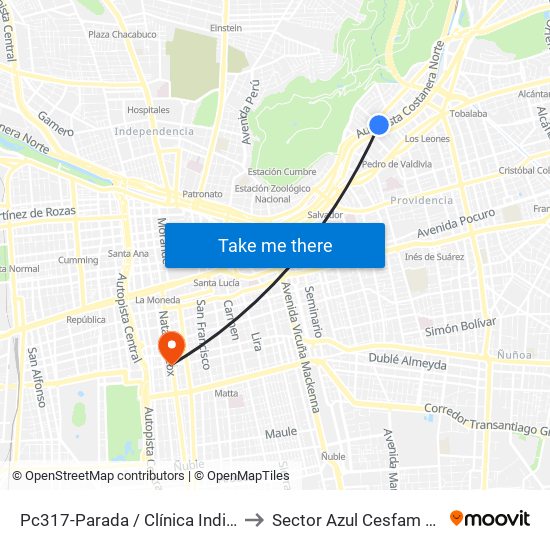 Pc317-Parada / Clínica Indisa to Sector Azul Cesfam N1 map