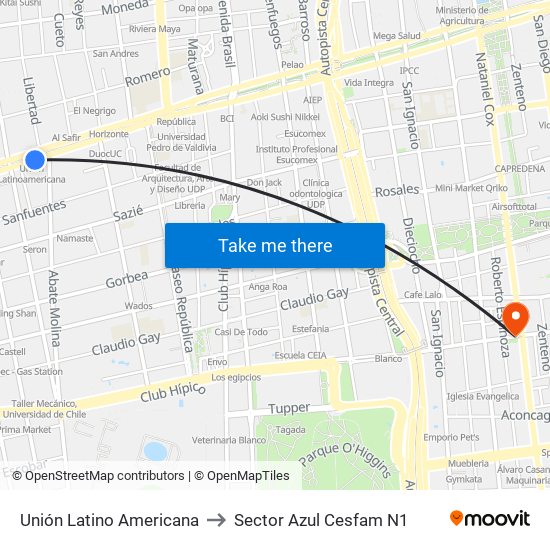 Unión Latino Americana to Sector Azul Cesfam N1 map