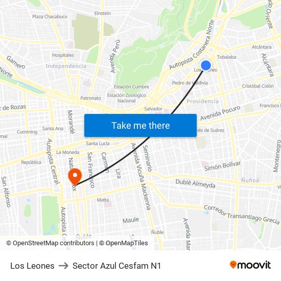 Los Leones to Sector Azul Cesfam N1 map