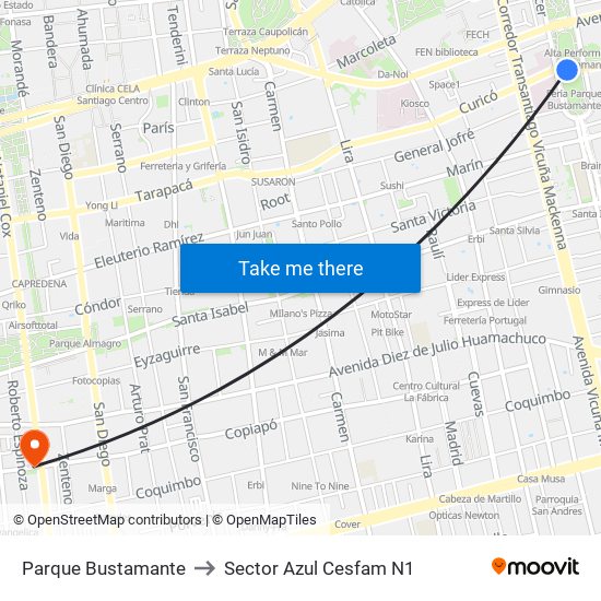 Parque Bustamante to Sector Azul Cesfam N1 map