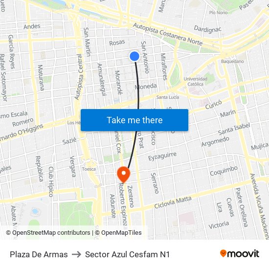 Plaza De Armas to Sector Azul Cesfam N1 map