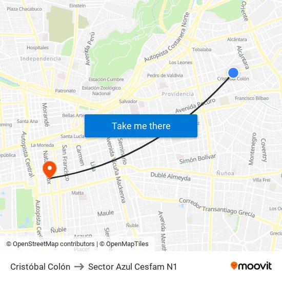 Cristóbal Colón to Sector Azul Cesfam N1 map