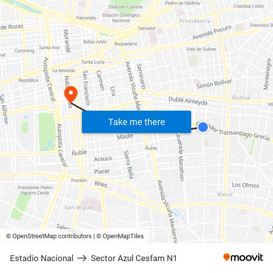 Estadio Nacional to Sector Azul Cesfam N1 map