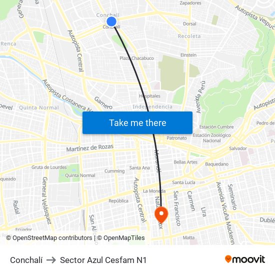 Conchalí to Sector Azul Cesfam N1 map