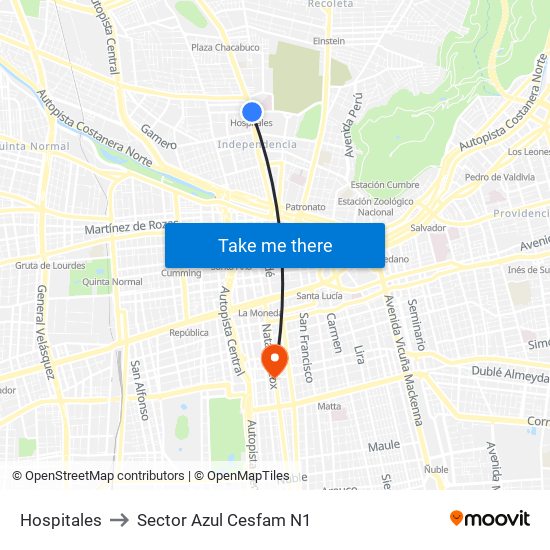 Hospitales to Sector Azul Cesfam N1 map