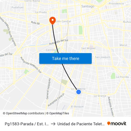 Pg1583-Parada / Est. Intermodal La Cisterna to Unidad de Paciente Teletón, Clinica  Bicentenario. map