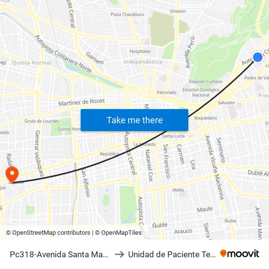 Pc318-Avenida Santa María / Esq. Av. Pedro De Valdivia to Unidad de Paciente Teletón, Clinica  Bicentenario. map