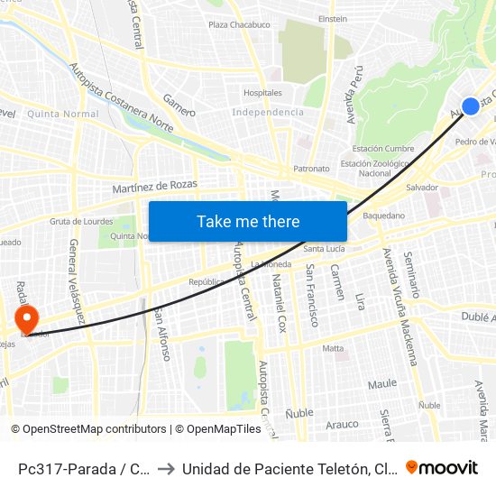 Pc317-Parada / Clínica Indisa to Unidad de Paciente Teletón, Clinica  Bicentenario. map