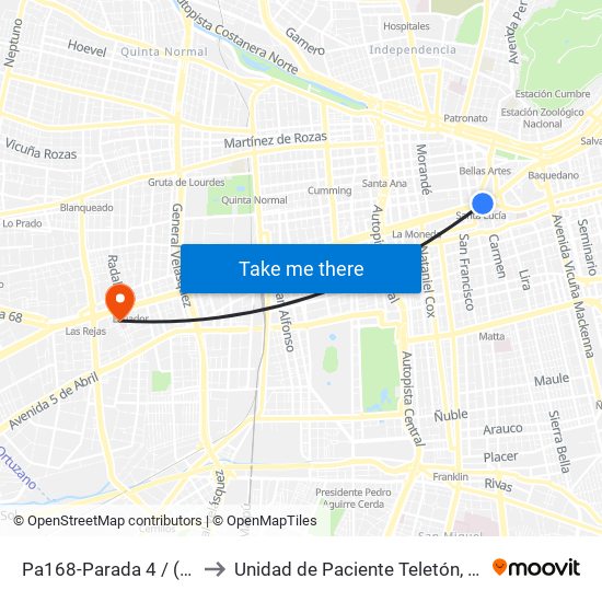 Pa168-Parada 4 / (M) Santa Lucía to Unidad de Paciente Teletón, Clinica  Bicentenario. map