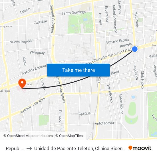 República to Unidad de Paciente Teletón, Clinica  Bicentenario. map