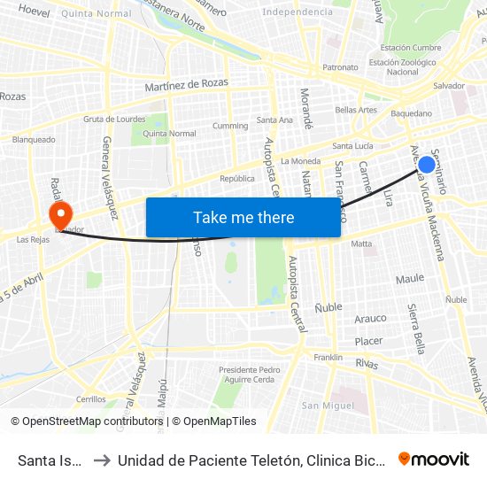 Santa Isabel to Unidad de Paciente Teletón, Clinica  Bicentenario. map