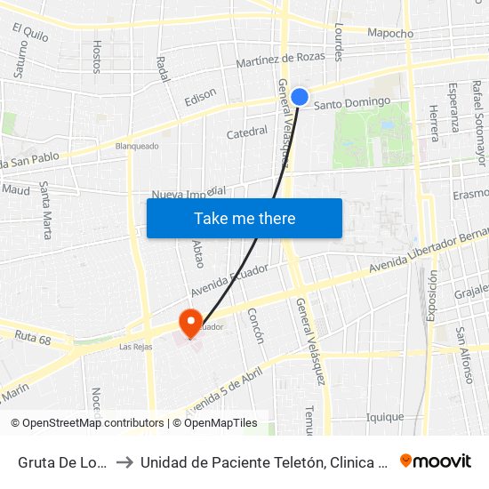 Gruta De Lourdes to Unidad de Paciente Teletón, Clinica  Bicentenario. map