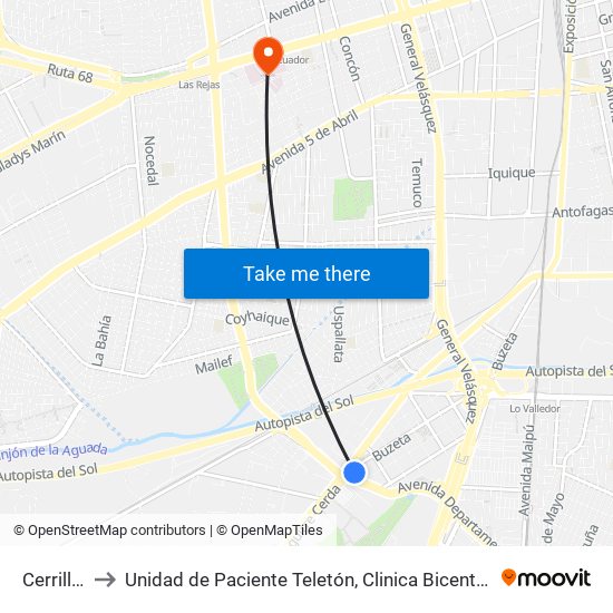 Cerrillos to Unidad de Paciente Teletón, Clinica  Bicentenario. map