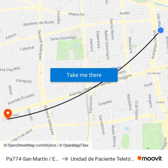 Pa774-San Martín / Esq. Santo Domingo to Unidad de Paciente Teletón, Clinica  Bicentenario. map