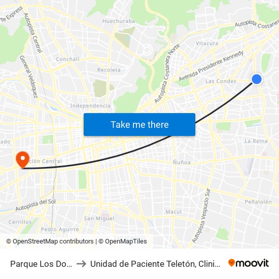 Parque Los Dominicos to Unidad de Paciente Teletón, Clinica  Bicentenario. map