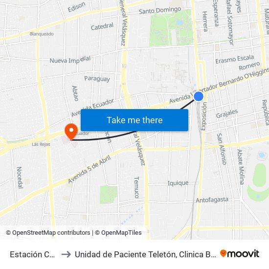 Estación Central to Unidad de Paciente Teletón, Clinica  Bicentenario. map