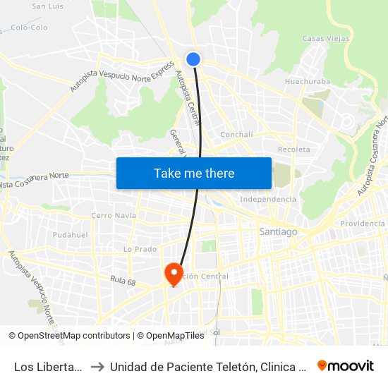 Los Libertadores to Unidad de Paciente Teletón, Clinica  Bicentenario. map