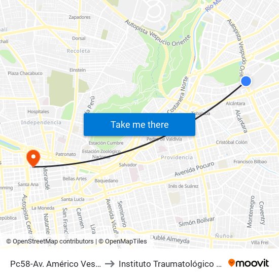 Pc58-Av. Américo Vespucio / Esq. Av. Pdte. Riesco to Instituto Traumatológico Doctor Teodoro Gebauer Weisser map