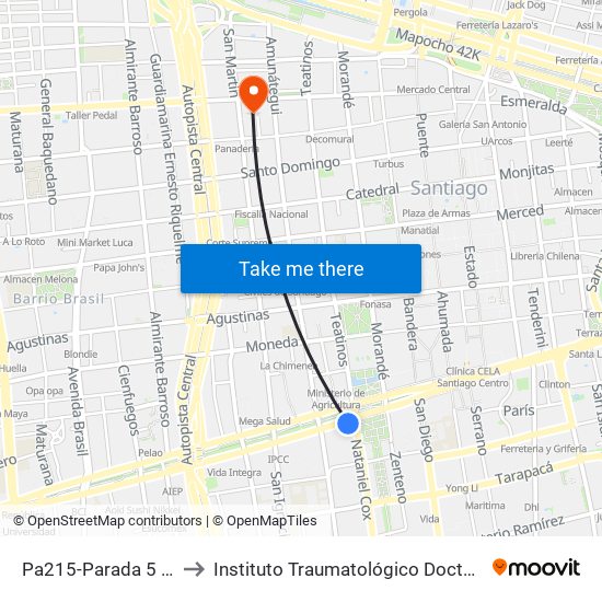 Pa215-Parada 5 / (M) La Moneda to Instituto Traumatológico Doctor Teodoro Gebauer Weisser map