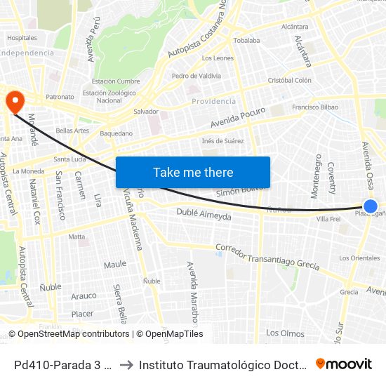 Pd410-Parada 3 / (M) Plaza Egaña to Instituto Traumatológico Doctor Teodoro Gebauer Weisser map