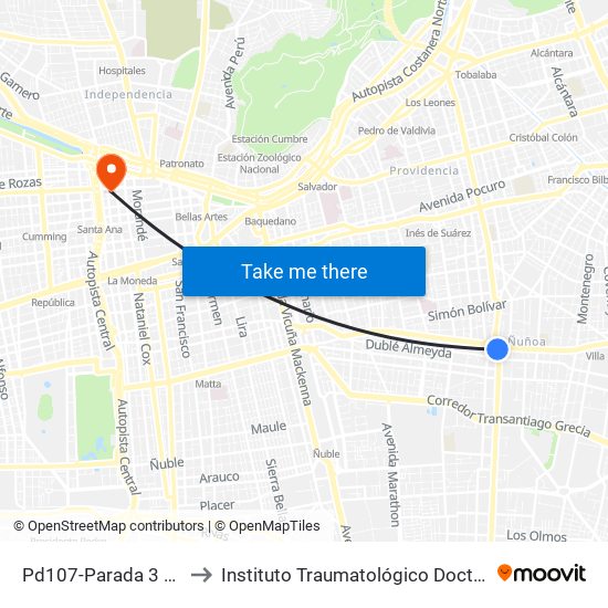 Pd107-Parada 3 / (M) Chile España to Instituto Traumatológico Doctor Teodoro Gebauer Weisser map